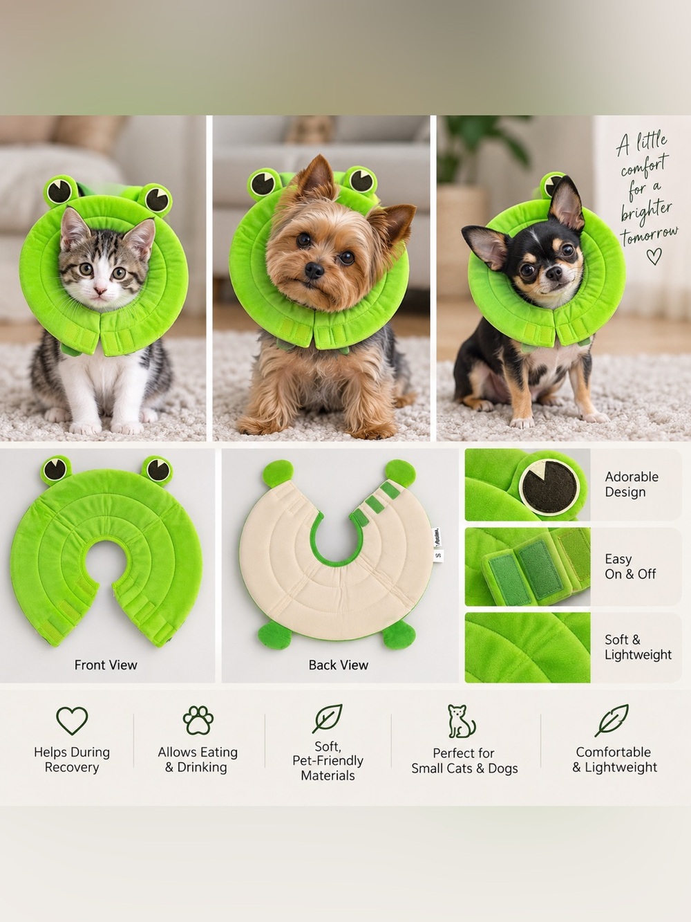 NWT Green Frog Soft Recovery Collar for Small Pets by Alfie Pets